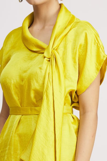 Harsh Harsh_Yellow Dupion Silk Plain Scarf Neck Style Top  _at_Aza_Fashions