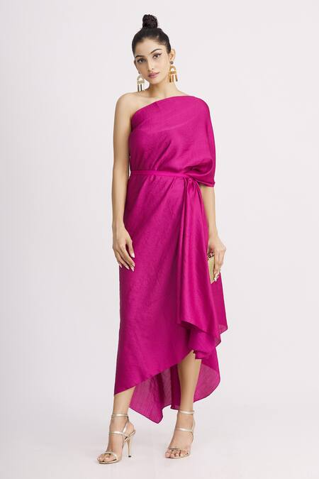 Harsh Harsh_Pink Dupion Silk Asymmetric One Shoulder Draped Dress _Online_at_Aza_Fashions