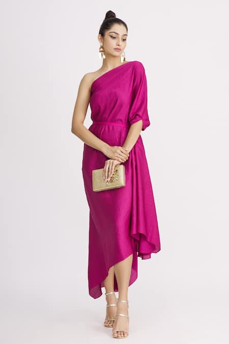 Buy_Harsh Harsh_Pink Dupion Silk Asymmetric One Shoulder Draped Dress _Online_at_Aza_Fashions