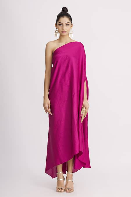 Shop_Harsh Harsh_Pink Dupion Silk Asymmetric One Shoulder Draped Dress _Online_at_Aza_Fashions