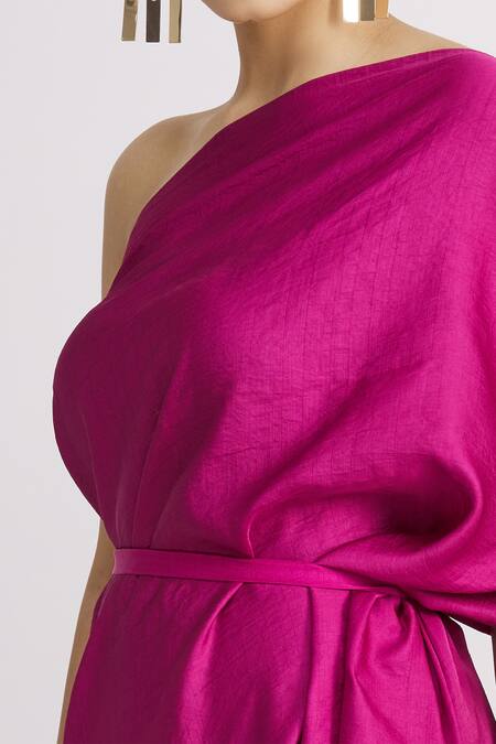 Harsh Harsh_Pink Dupion Silk Asymmetric One Shoulder Draped Dress _at_Aza_Fashions