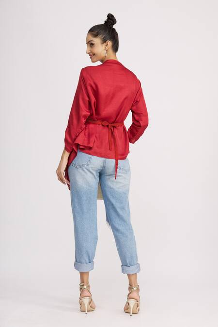 Shop_Harsh Harsh_Red Dupion Silk Plain Open Draped Jacket  _at_Aza_Fashions