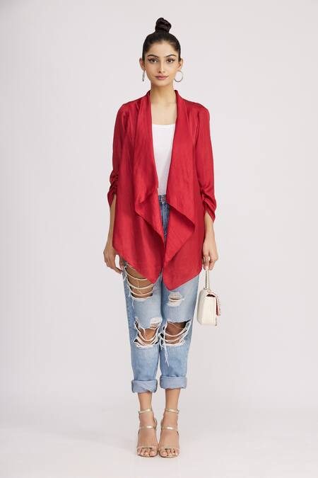 Harsh Harsh_Red Dupion Silk Plain Open Draped Jacket  _Online_at_Aza_Fashions