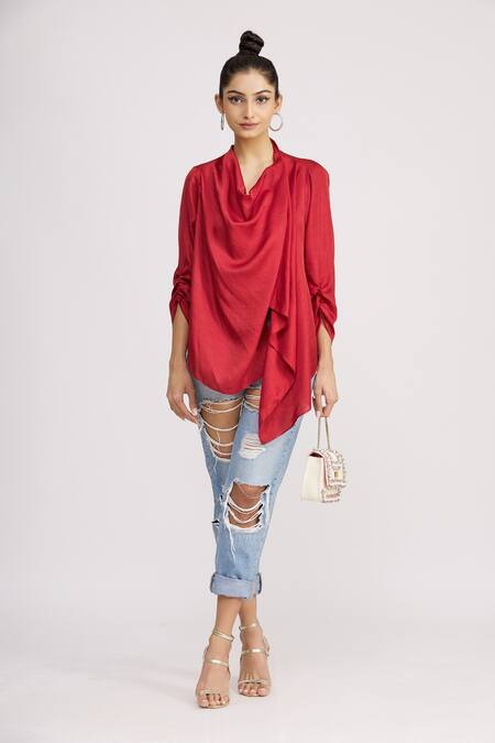 Buy_Harsh Harsh_Red Dupion Silk Plain Open Draped Jacket  _Online_at_Aza_Fashions