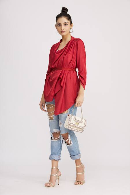 Shop_Harsh Harsh_Red Dupion Silk Plain Open Draped Jacket  _Online_at_Aza_Fashions
