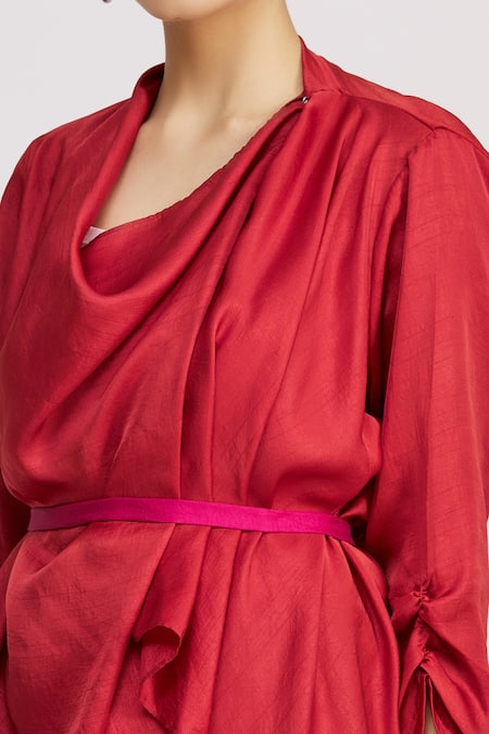 Harsh Harsh_Red Dupion Silk Plain Open Draped Jacket  _at_Aza_Fashions