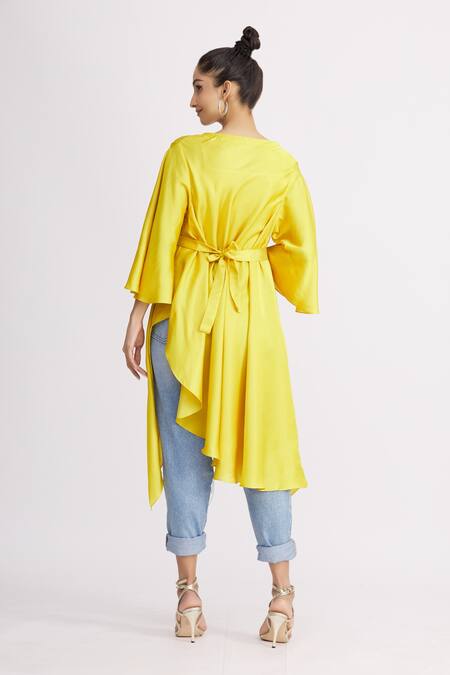Shop_Harsh Harsh_Yellow Dupion Silk Plain Flap Neck Asymmetric Tunic  _at_Aza_Fashions