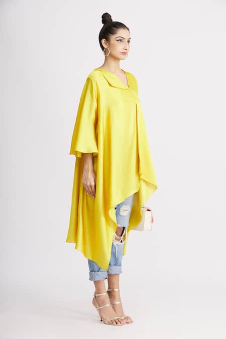 Harsh Harsh_Yellow Dupion Silk Plain Flap Neck Asymmetric Tunic  _Online_at_Aza_Fashions