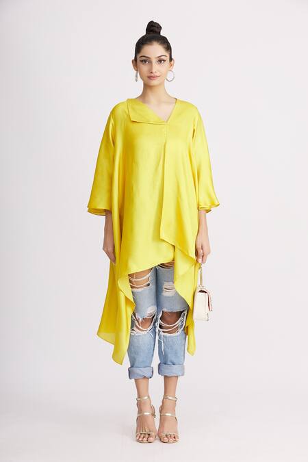 Shop_Harsh Harsh_Yellow Dupion Silk Plain Flap Neck Asymmetric Tunic  _Online_at_Aza_Fashions