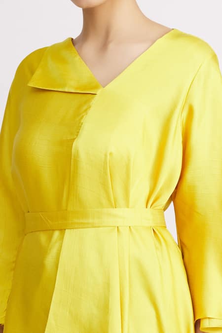Harsh Harsh_Yellow Dupion Silk Plain Flap Neck Asymmetric Tunic  _at_Aza_Fashions