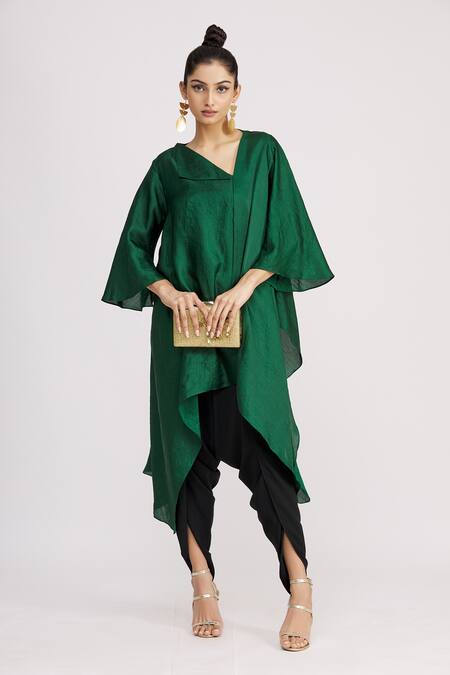 Buy_Harsh Harsh_Green Dupion Silk Plain Flap Neck Asymmetric Tunic  _Online_at_Aza_Fashions