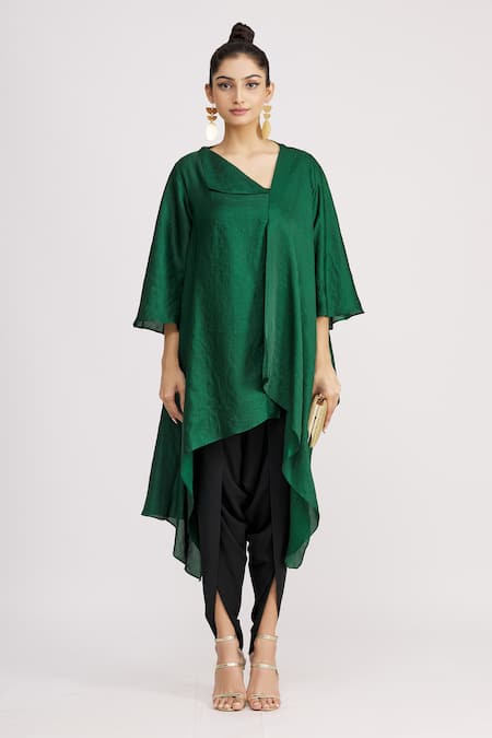 Harsh Harsh_Green Dupion Silk Plain Flap Neck Asymmetric Tunic  _Online_at_Aza_Fashions