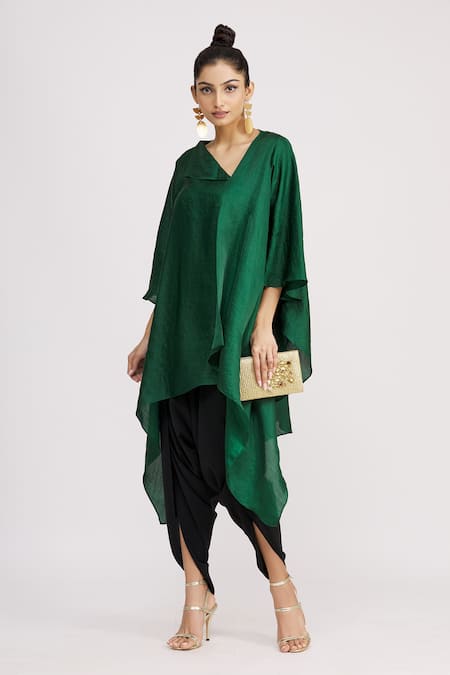 Shop_Harsh Harsh_Green Dupion Silk Plain Flap Neck Asymmetric Tunic  _Online_at_Aza_Fashions