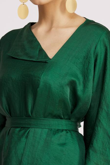 Harsh Harsh_Green Dupion Silk Plain Flap Neck Asymmetric Tunic  _at_Aza_Fashions