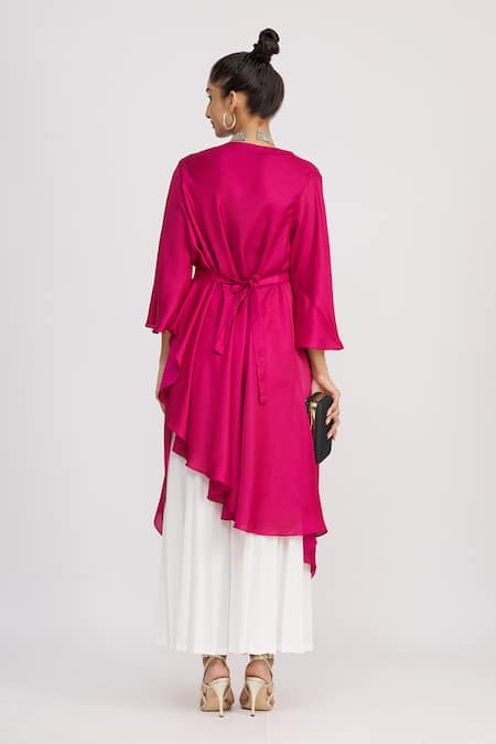 Shop_Harsh Harsh_Pink Dupion Silk Plain Flap Neck Asymmetric Tunic  _at_Aza_Fashions