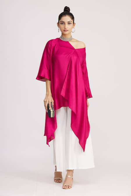 Harsh Harsh_Pink Dupion Silk Plain Flap Neck Asymmetric Tunic  _Online_at_Aza_Fashions