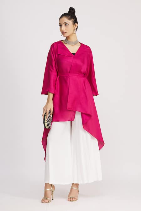 Buy_Harsh Harsh_Pink Dupion Silk Plain Flap Neck Asymmetric Tunic  _Online_at_Aza_Fashions