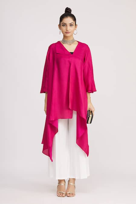 Shop_Harsh Harsh_Pink Dupion Silk Plain Flap Neck Asymmetric Tunic  _Online_at_Aza_Fashions