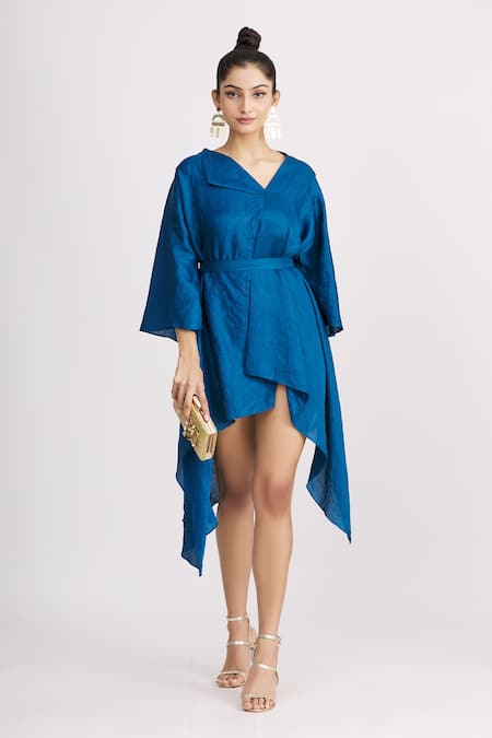 Buy_Harsh Harsh_Blue Dupion Silk Flap Neck Asymmetric Dress _Online_at_Aza_Fashions