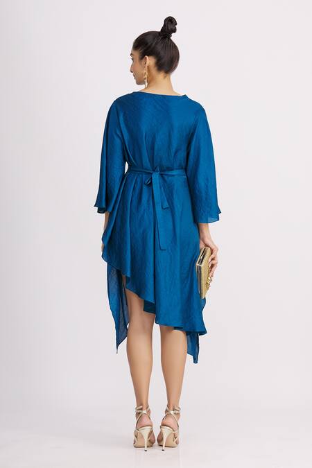 Shop_Harsh Harsh_Blue Dupion Silk Flap Neck Asymmetric Dress _at_Aza_Fashions