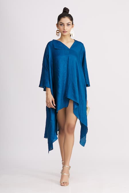 Harsh Harsh_Blue Dupion Silk Flap Neck Asymmetric Dress _Online_at_Aza_Fashions