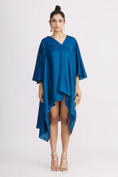 Shop_Harsh Harsh_Blue Dupion Silk Flap Neck Asymmetric Dress _Online_at_Aza_Fashions