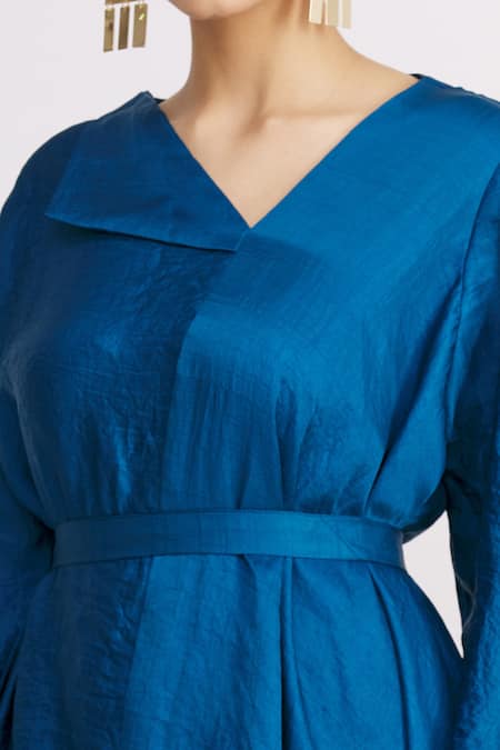 Harsh Harsh_Blue Dupion Silk Flap Neck Asymmetric Dress _at_Aza_Fashions