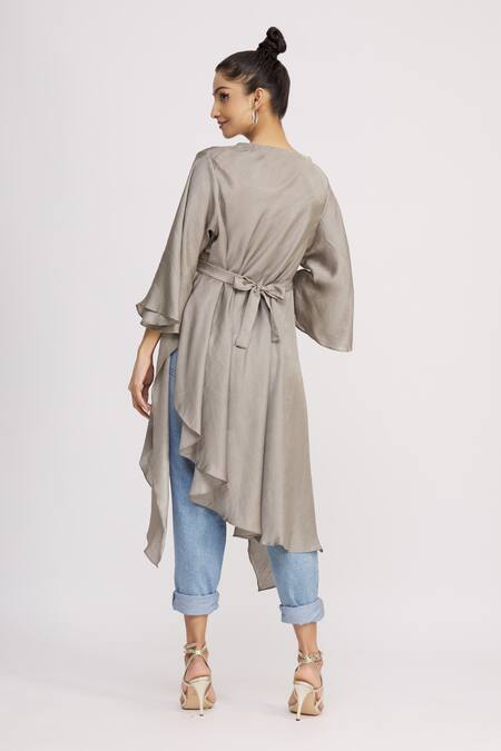 Shop_Harsh Harsh_Grey Dupion Silk Plain Flap Neck Asymmetric Tunic  _at_Aza_Fashions