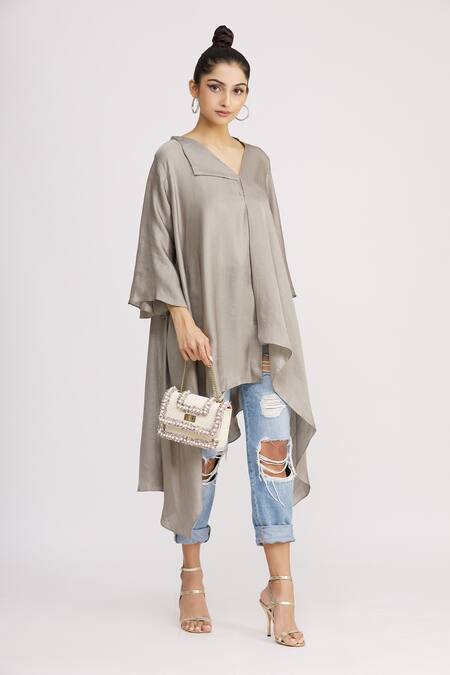 Harsh Harsh_Grey Dupion Silk Plain Flap Neck Asymmetric Tunic  _Online_at_Aza_Fashions