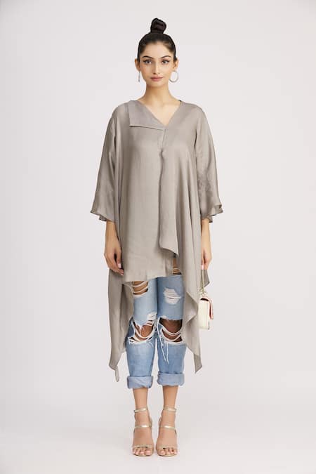Buy_Harsh Harsh_Grey Dupion Silk Plain Flap Neck Asymmetric Tunic  _Online_at_Aza_Fashions