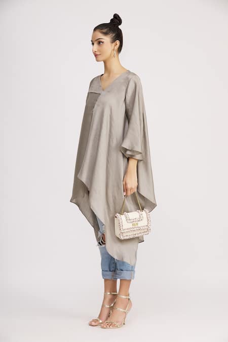 Shop_Harsh Harsh_Grey Dupion Silk Plain Flap Neck Asymmetric Tunic  _Online_at_Aza_Fashions