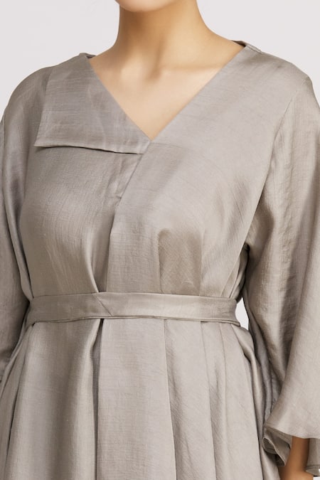 Harsh Harsh_Grey Dupion Silk Plain Flap Neck Asymmetric Tunic  _at_Aza_Fashions