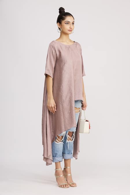 Harsh Harsh_Pink Dupion Silk Plain Round Asymmetric Tunic  _Online_at_Aza_Fashions