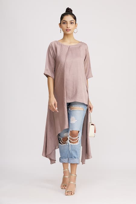 Buy_Harsh Harsh_Pink Dupion Silk Plain Round Asymmetric Tunic  _Online_at_Aza_Fashions
