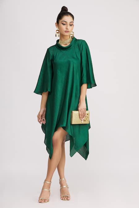 Shop_Harsh Harsh_Green Dupion Silk Turtle Neck Collar Bell Sleeve Dress _Online_at_Aza_Fashions