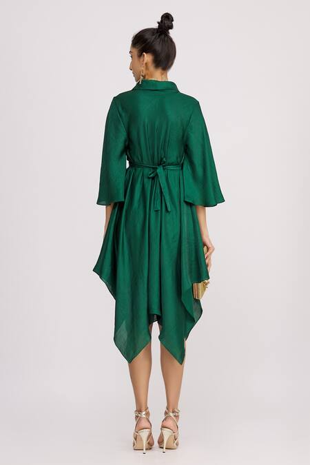 Shop_Harsh Harsh_Green Dupion Silk Turtle Neck Collar Bell Sleeve Dress _at_Aza_Fashions