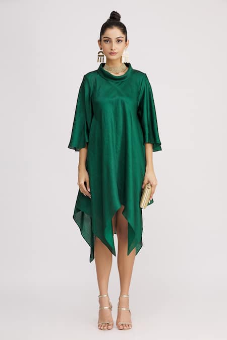 Harsh Harsh_Green Dupion Silk Turtle Neck Collar Bell Sleeve Dress _Online_at_Aza_Fashions