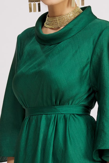 Harsh Harsh_Green Dupion Silk Turtle Neck Collar Bell Sleeve Dress _at_Aza_Fashions