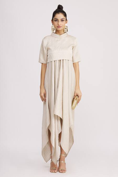 Harsh Harsh_White Dupion Silk Crop Top Turtle Neck Draped Gown With _Online_at_Aza_Fashions