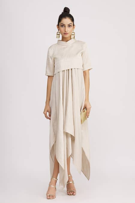 Buy_Harsh Harsh_White Dupion Silk Crop Top Turtle Neck Draped Gown With _Online_at_Aza_Fashions