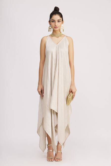 Shop_Harsh Harsh_White Dupion Silk Crop Top Turtle Neck Draped Gown With _Online_at_Aza_Fashions