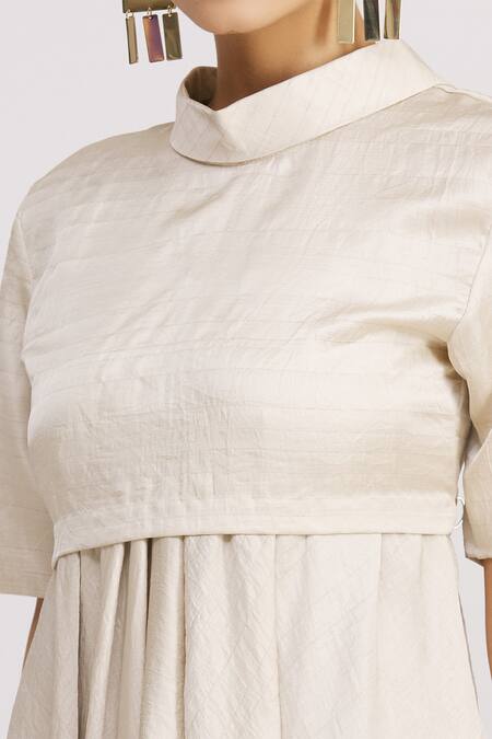 Harsh Harsh_White Dupion Silk Crop Top Turtle Neck Draped Gown With _at_Aza_Fashions