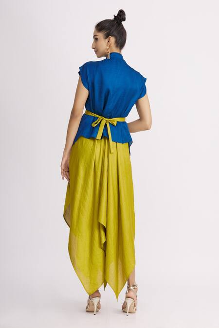 Shop_Harsh Harsh_Blue Dupion Silk Dress V Neck, Jacket Open Sleeveless And Draped Set _at_Aza_Fashions