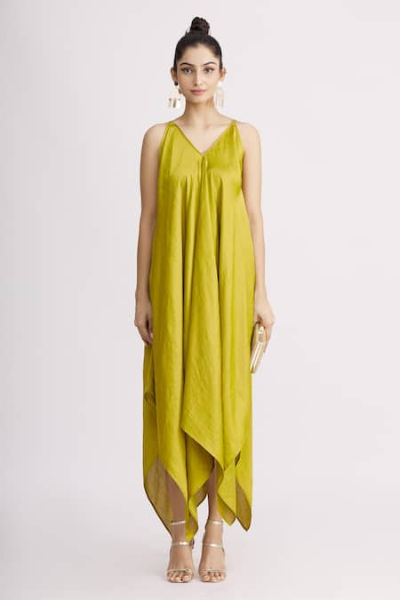 Harsh Harsh_Blue Dupion Silk Dress V Neck, Jacket Open Sleeveless And Draped Set _Online_at_Aza_Fashions