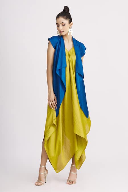 Buy_Harsh Harsh_Blue Dupion Silk Dress V Neck, Jacket Open Sleeveless And Draped Set _Online_at_Aza_Fashions