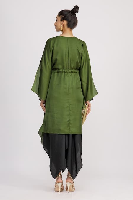 Shop_Harsh Harsh_Black Dupion Silk Dress V Neck, Jacket Open Strappy And Draped Set _at_Aza_Fashions