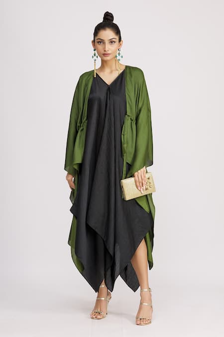 Harsh Harsh_Black Dupion Silk Dress V Neck, Jacket Open Strappy And Draped Set _Online_at_Aza_Fashions