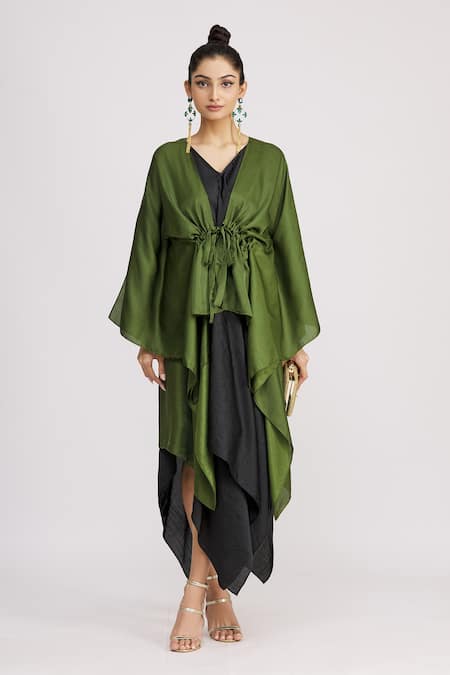 Buy_Harsh Harsh_Black Dupion Silk Dress V Neck, Jacket Open Strappy And Draped Set _Online_at_Aza_Fashions