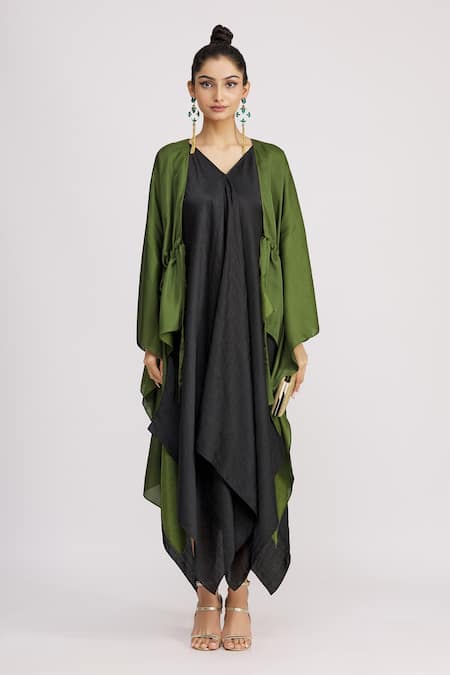 Shop_Harsh Harsh_Black Dupion Silk Dress V Neck, Jacket Open Strappy And Draped Set _Online_at_Aza_Fashions