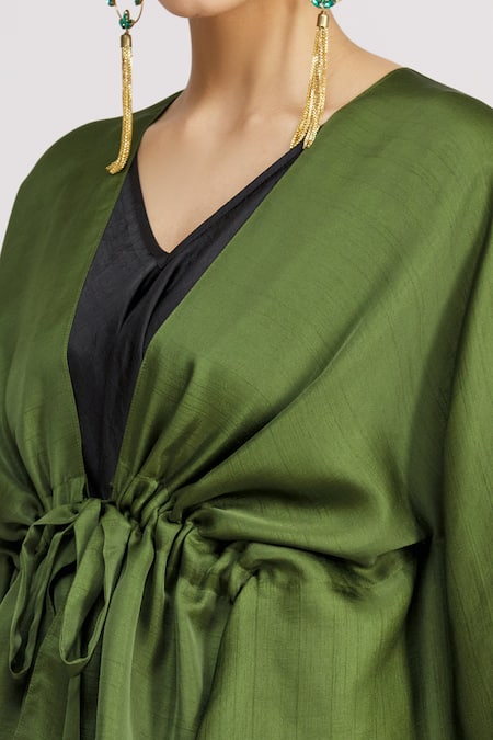Harsh Harsh_Black Dupion Silk Dress V Neck, Jacket Open Strappy And Draped Set _at_Aza_Fashions